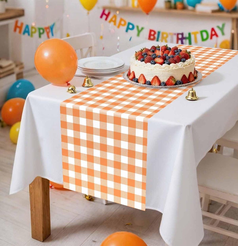 MUNILAIL 3 Pcs Orange and White Checkered Table Runner Plastic 14 x 108 Disposable Orange Gingham Table Runner for Thanksgiving Birthday Wedding Baby Shower Party Table Centerpiece Decorations - Image 2